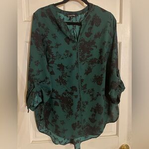 41 Hawthorne Karie Split Neck Blouse Green Black Floral 3/4 Sleeve Top Size 1X